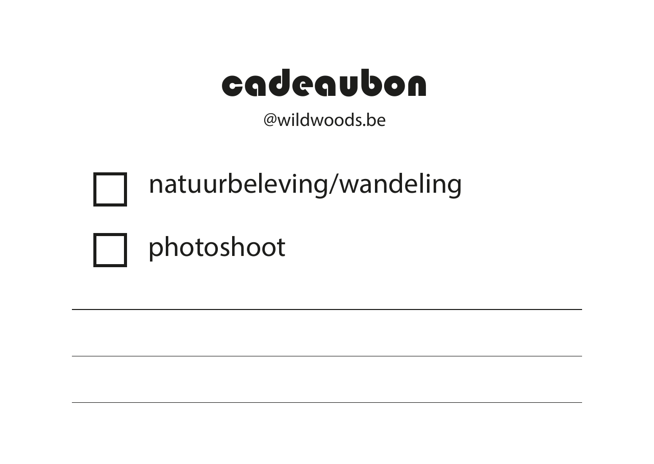 Wild Woods cadeaubon — achterkant: natuurbeleving/wandeling of photoshoot