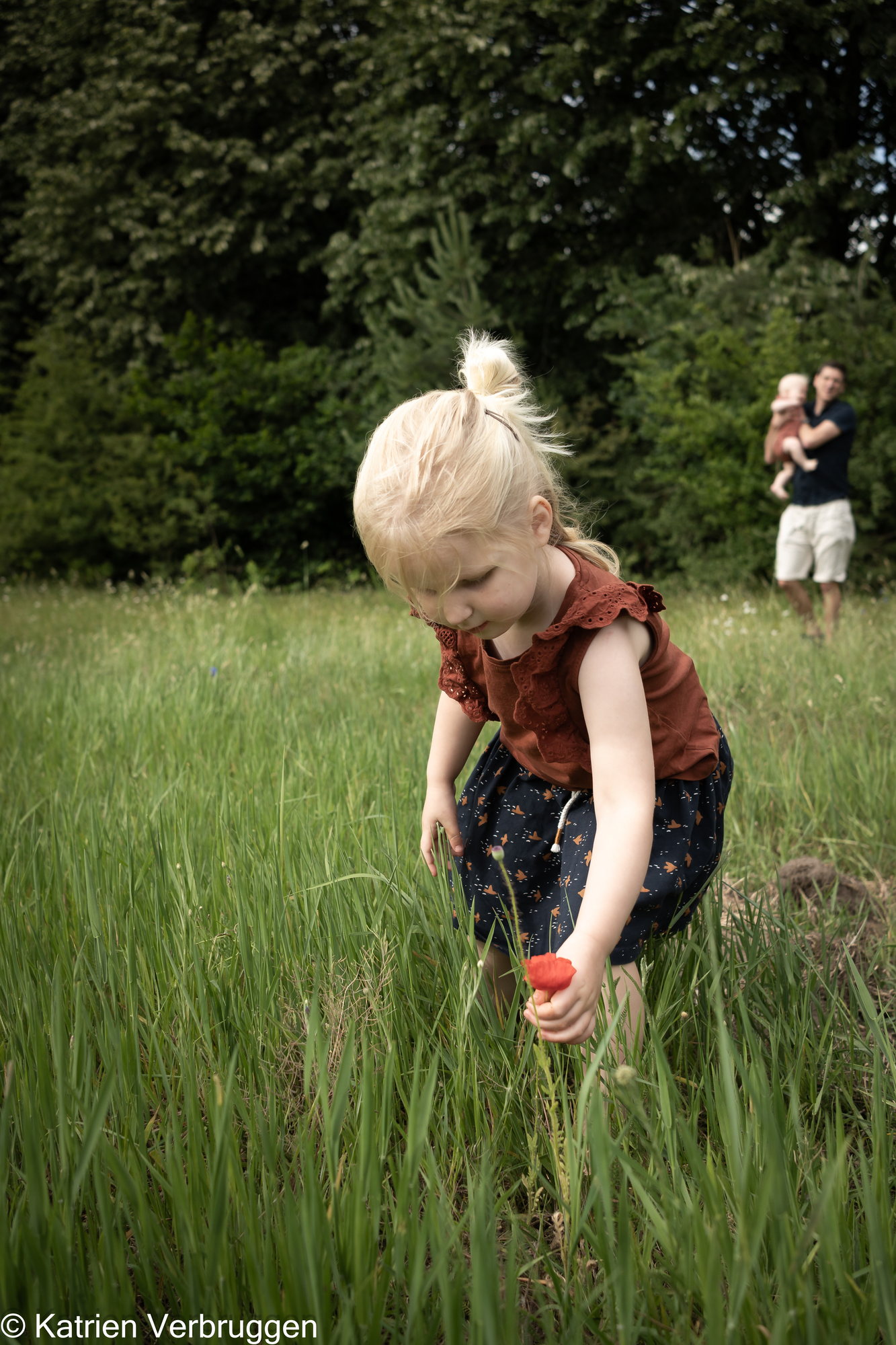 Meisje plukt een bloem in de wei